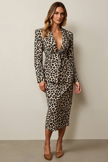 Leopard Coffee One Button 2 Piece Midi Pencil Business Suit